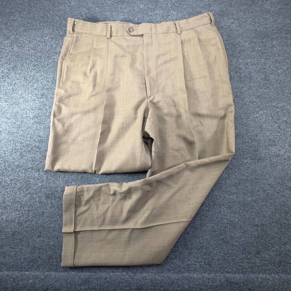 Tommy Hilfiger Mens Pure Wool Double Pleated Cuffed Dress Pants Tan Brown 38x29